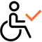 Accessibility icon with a black wheelchair symbol and an orange check mark on a white background